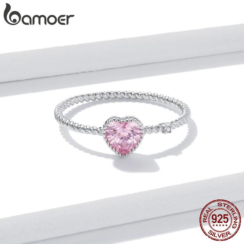 

BAMOER Кольцо из стерлингового серебра 925 пробы с блестящим розовым цирконом в форме сердца любви, женское изысканное обручальное кольцо для размеров 6,7,8 8