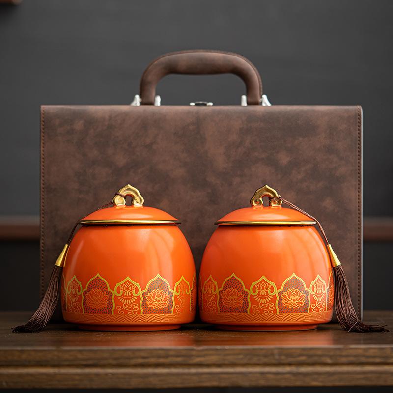 Leather box ceramic tea can black tea Pu'er tea universal sealed can tea packaging gift box business gift white tea