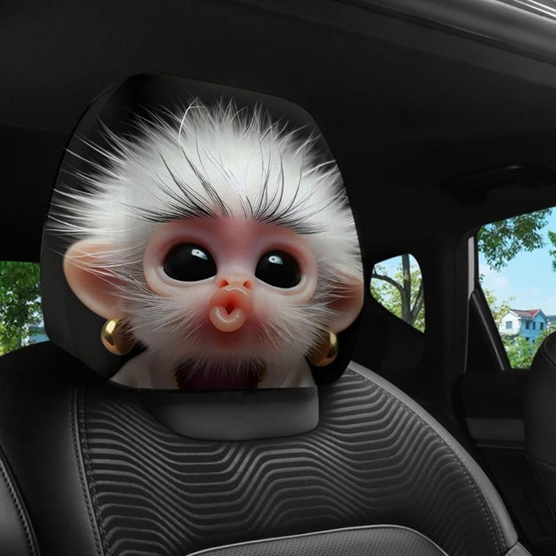 Vehicle Headrest Cover Pair, Monkey Print Polyester Car Headrest Slipcover Set for Plain Headrests During Daily Drives, Family Use, and Ride Share Use