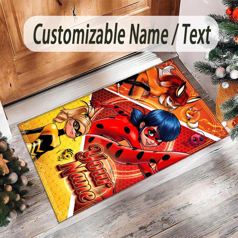 Tappeto in Cristallo di Velluto Personalizzato con Nome e Testo, Tappeto Antiscivolo Miraculous Ladybug per Decorazione Domestica