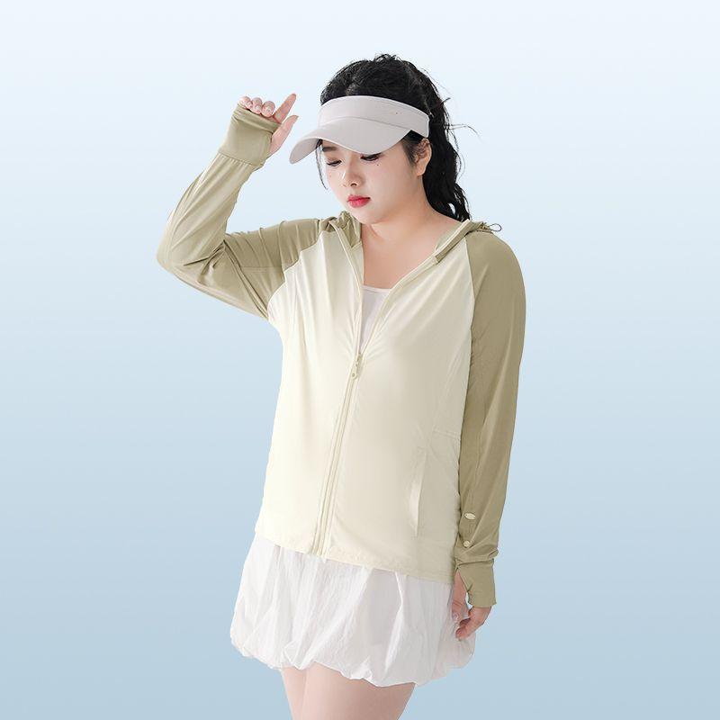 

size women clothing [Ice Silk Cool Feeling Sun Protection Clothing] Upf100 + Outdoor UV Protection Contrast Color Sun-Protective Clothing Outerwear Apricot Spelling Khakis 4XL