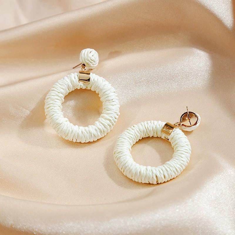 Simple Niche Design Earrings, Beach Vacation Wind Woven Earrings, Straw Woven Hollow Round Exaggerated Personalized Earrings