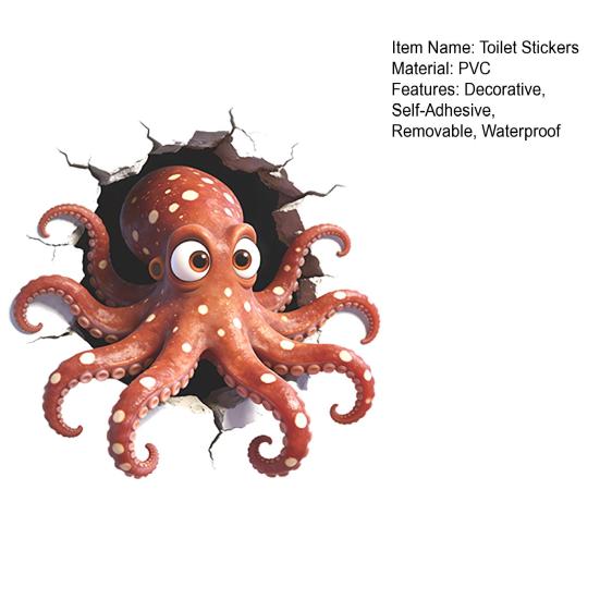 yangyizhi Octopus Toilet Seat Sticker, 3D Water Tank Waterproof PVC Cover Decal, Self-Adhesive Lid Decals for Bathroom