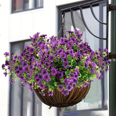 5Pcs Artificial Violet Flower with Green Leaves 7 Fork Fake Silk Flower Stem Home Office Wedding Party Indoor Outdoor Faux Bloom Table Centerpiece