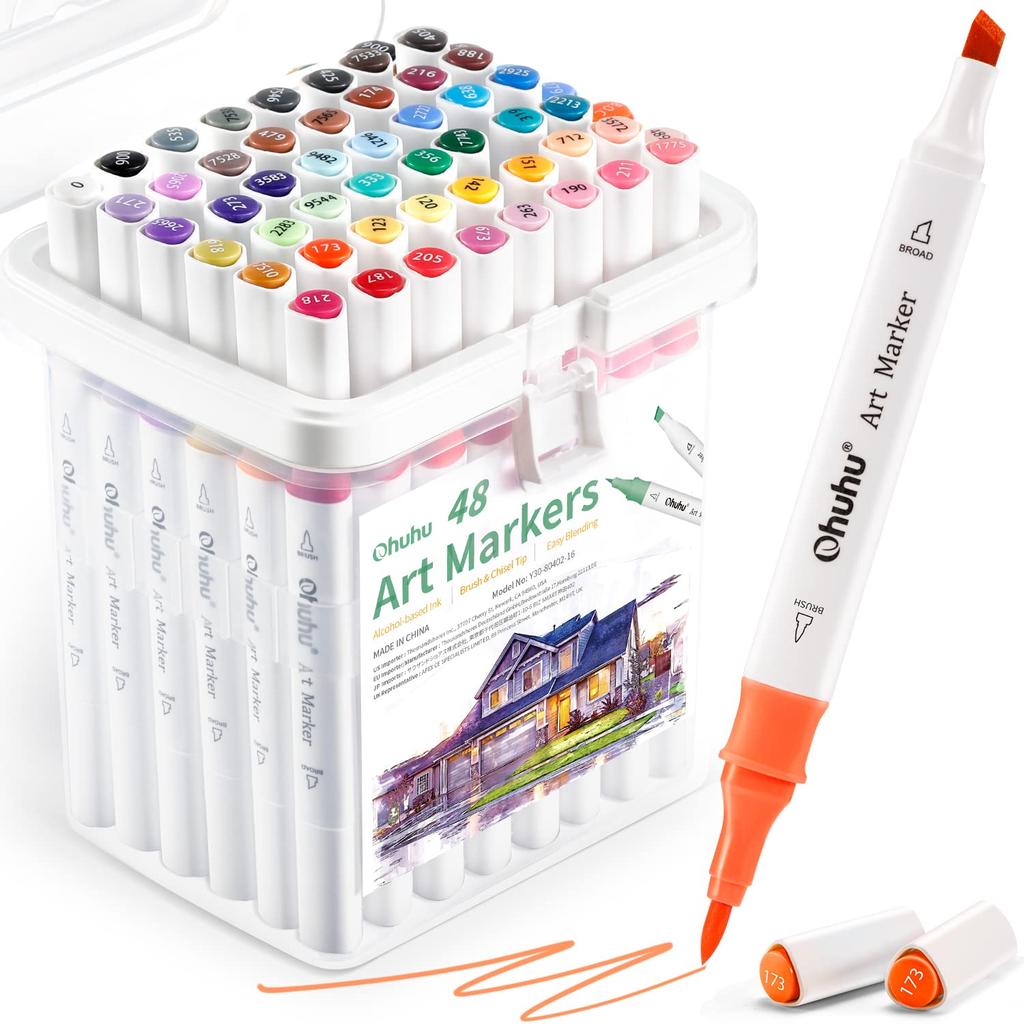 Ohuhu Brush Marker 48 Brush and Broad Illustration Triangular Blender Pen Alcohol Marker Set B Pens, Colors, Beginner's, Point, Markers, Shaft,