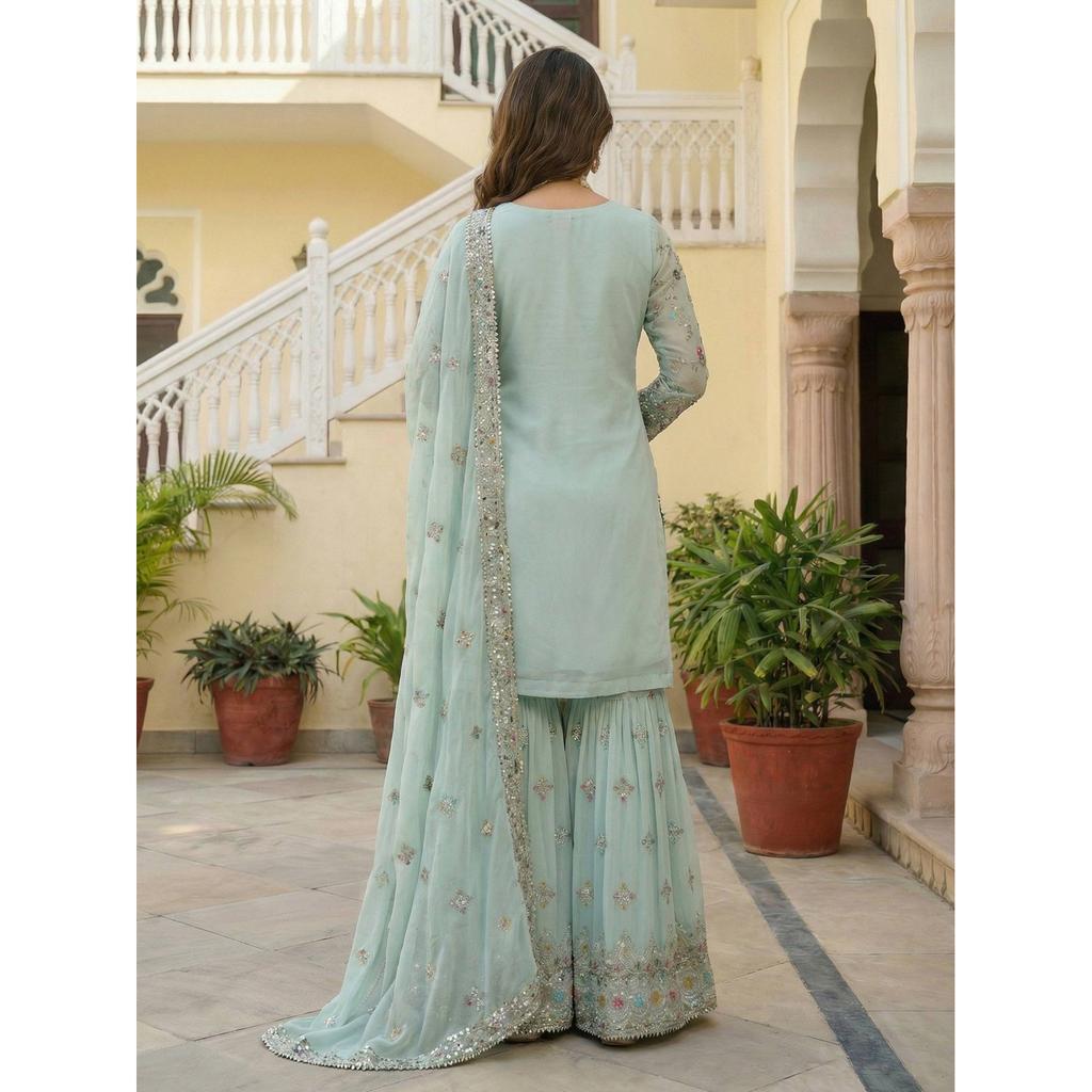Magnifique costume Pakistanais Sharara en Georgette Synthétique Design Bollywood Salwar Kameez
