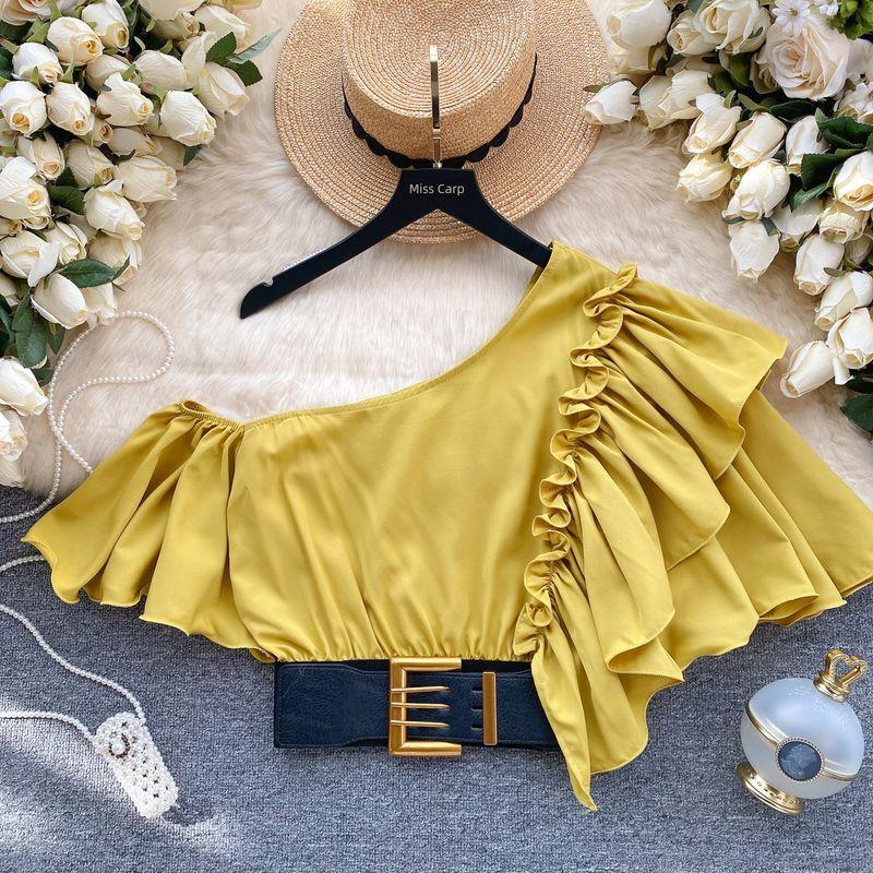 

2024 European Shirt Best Selling Stylish One-Shoulder Cold-Shoulder Sweet Fungus Ruffle Sleeve Short Shirt Women s Blouse Yellow One size