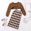 Girl's Fall Set Middle and Older Children Plaid Short Long-sleeved Top + Textured Hip Skirt Two-piece Set