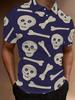 Men's Short-Sleeve Polo Shirt with Skull & Bones Print - Full-Body Button-Up Lapel Collar, Minimalist Summer Beachwear Suitable for Dates, Casual