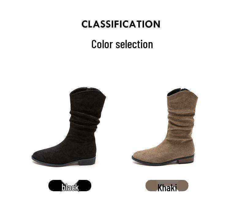 Women's 2025 French Retro Pointed Toe Mid-Calf Boots - Autumn/Winter Soft Suede Leather, Chunky Heel, Non-Slip