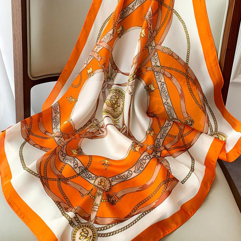 Foulard in raso di seta con stampa a catena da 70 cm per donna, fazzoletto stampato, bandana quadrata da testa per donna, scaldacollo piccolo, Hijab, signora, ragazza