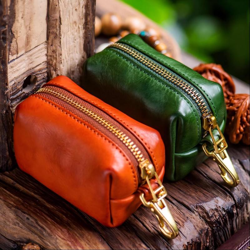 Retro Echte PU-Leder Reißverschluss Münzbörse Für Unisex Einfach Und Tragbar Mini Karten Schlüssel Aufbewahrungstasche
