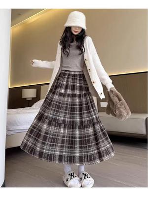 Retro Woolen Plaid High Waist A-line Skirt for Women - Autumn Winter 2026 Collection