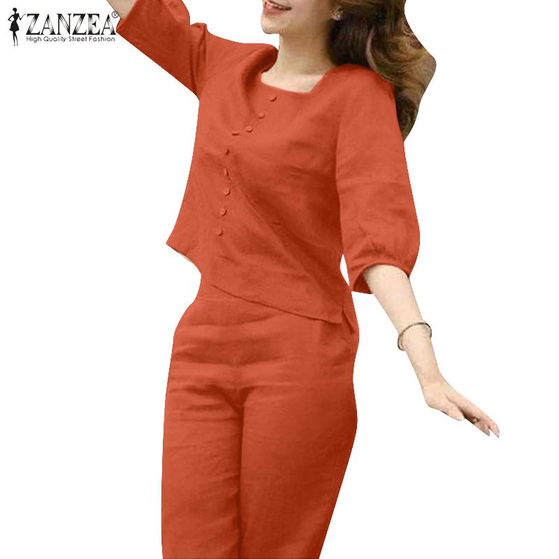ZANZEA Womens Blouse and Pants Casual Two Piece Trousers Suit Set
