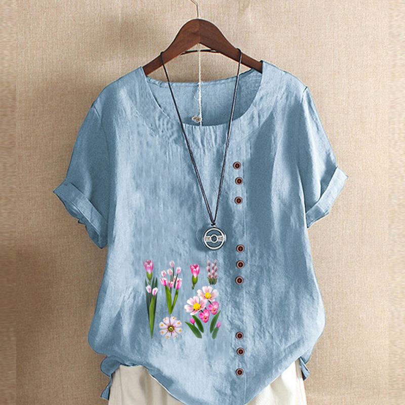 Women's Fashion Flowers Print Short Sleeve T-shirt Loose Cotton Shirt Casual Loose Summer Blouse Tops Plus Size