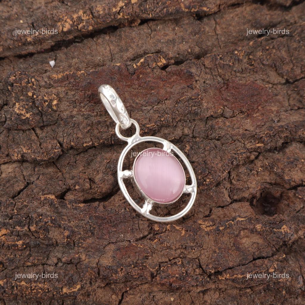 Oval Pink Cat'S Eye Gemstone Sterling Silver Handmade Engagement Gift Pendant PP-6-45