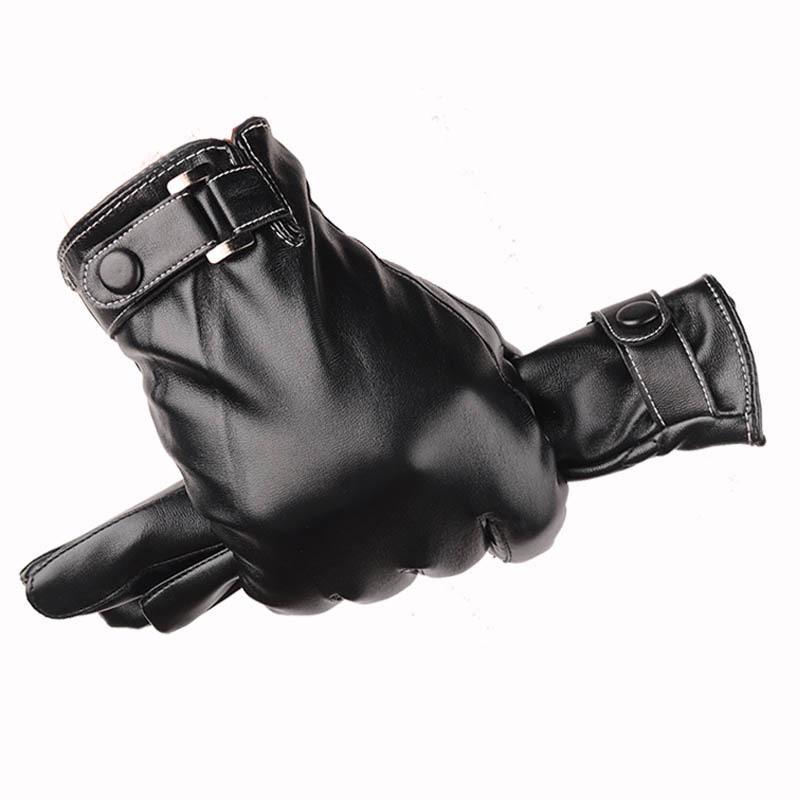 Men's Black Leather Touchscreen Gloves for Riding - Fleece-Lined, Warm, Thin, for Autumn and Winter.