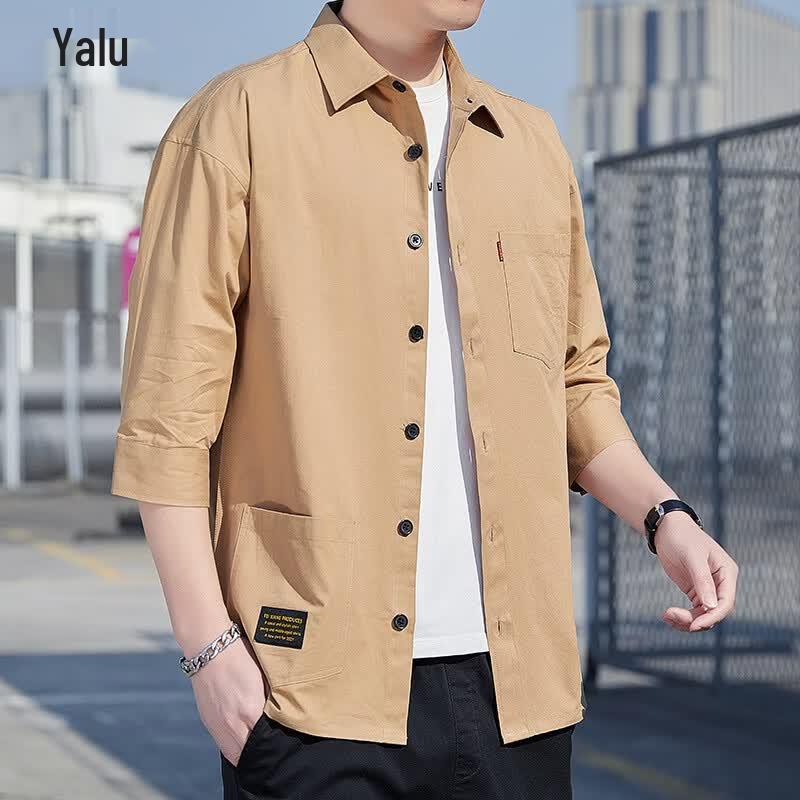 Yalu Men s Pure Cotton Seven-Sleeve Casual Shirt 4XL хаки