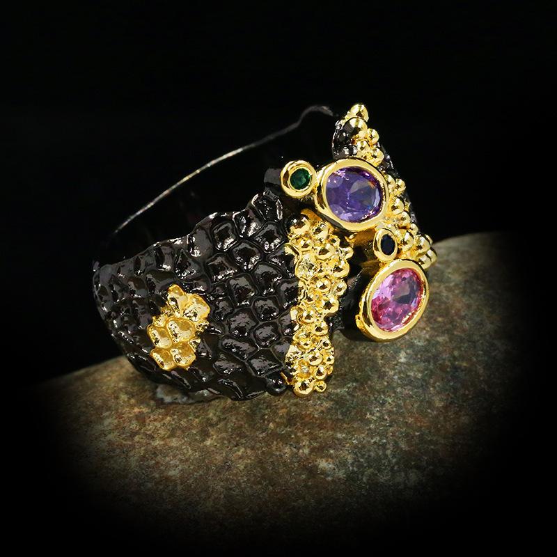 Geometric black gold colorful zircon ring for women 925  Vintage wedding party engagement ring jewelry gift