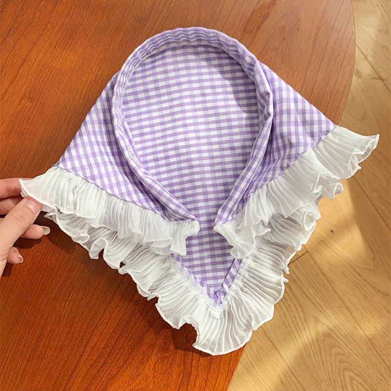 French Blue Plaid Lace Triangle Scarf Headband - Pastoral Style Women's Hair Accessory with Seaside Vibe