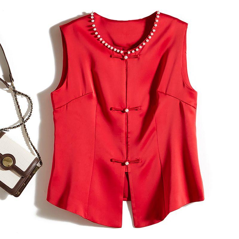

Glossy Satin Poplin Cotton I-Shaped Asymmetrical Pearl Collar Single-Breasted Pure Color Vest Women s New Year Goods Outwear Red XL