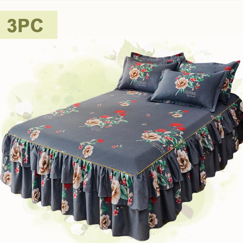 3pc Tropical Floral Bed Skirt Set Includes 1Non-slip Lace Bed Skirt And 2 Decorative Pillowcases All-season Polyester Bedding Ruffles Machine Washable