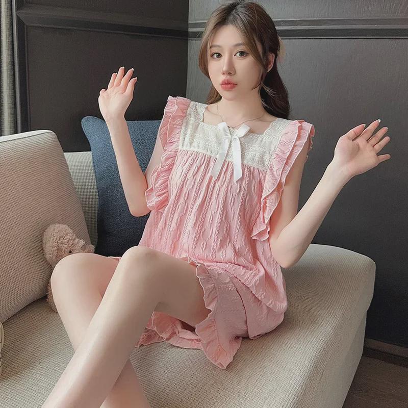 Damen 2024 Sommer Niedliches Prinzessinnenstil Ärmelloses Pyjama-Set - Lockere Passform für Zuhause oder Draußen