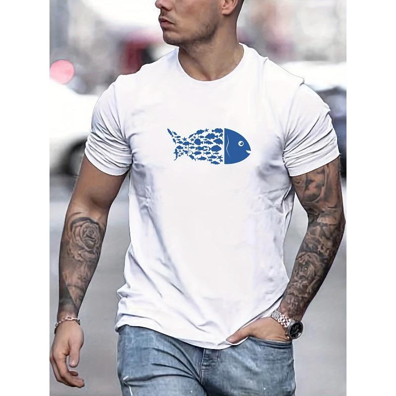 

European Size Men s Small Fish to Big Fish Pattern Summer Casual Crew Neck Short Sleeve T-Shirt 4XL білий