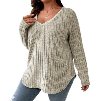 Women's Autumn and Winter Tops V-neck Long-sleeved Loose Pullover Large Size Knitted Irregular Hem Soft Warm Casual T-shirt