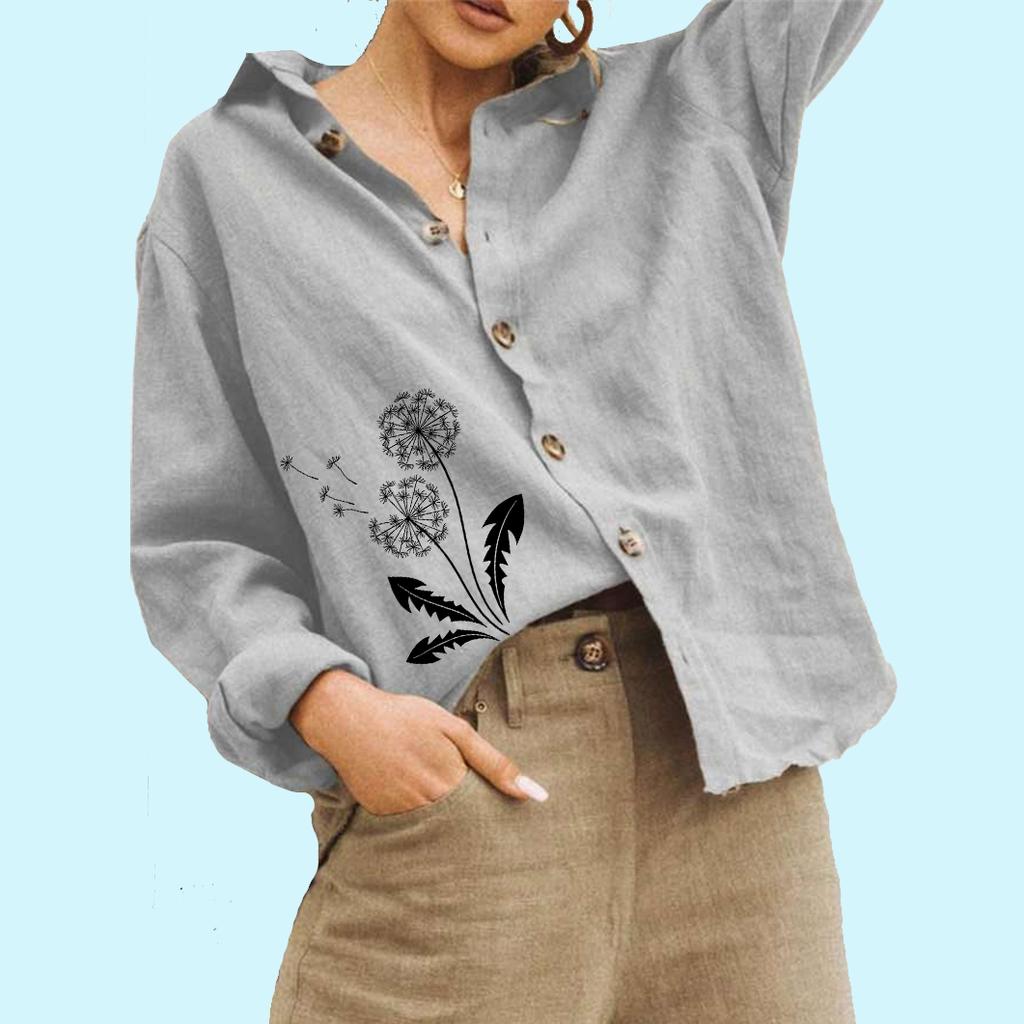 Women Fashion Buttoned Linen Shirt Floral Print Blouse Ladies Casual Long Sleeve Blouse