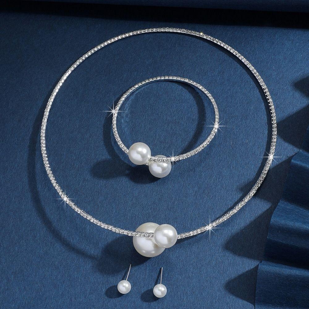 Silver/Gold Imitation Pearl Choker Necklace Openable Bracelet Rhinestones Necklace Bracelet Gift