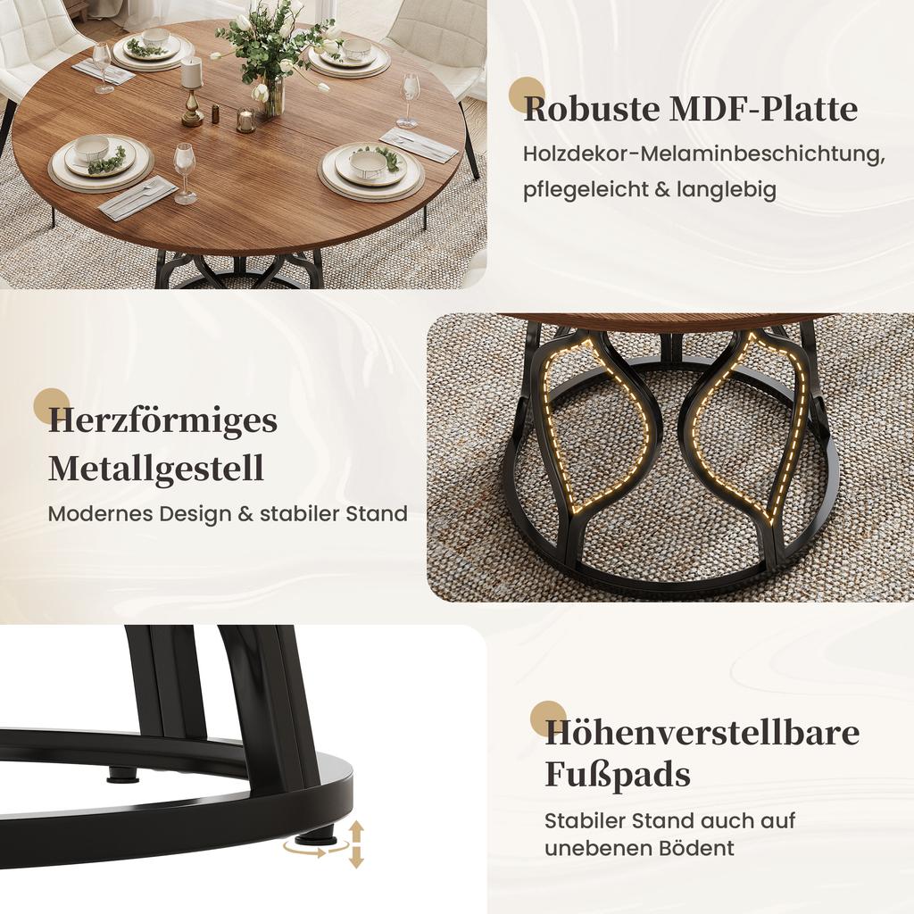 Round Dining Table 100x100x75 Cm, Kitchen Table for 4-6 People with Integrated Shelf, MDF Tabletop In Walnut Look, Modern Metal Frame, Space-saving.