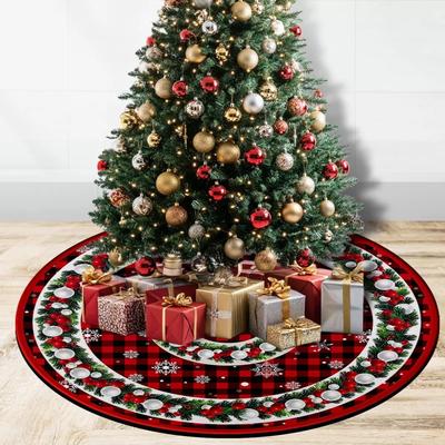 Festive Buffalo Plaid Christmas Tree Skirt with Snowflakes & Berries, Cozy Holiday Home Decor for Winter Parties