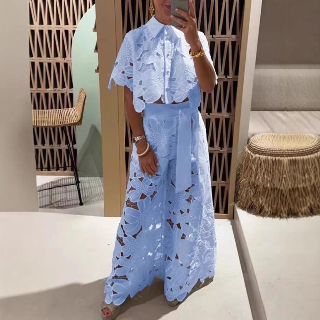 Crop top cu jumătate de mânecă + pantaloni largi pentru femei, primăvară, elegant, cu rever, set sexy din 2 piese