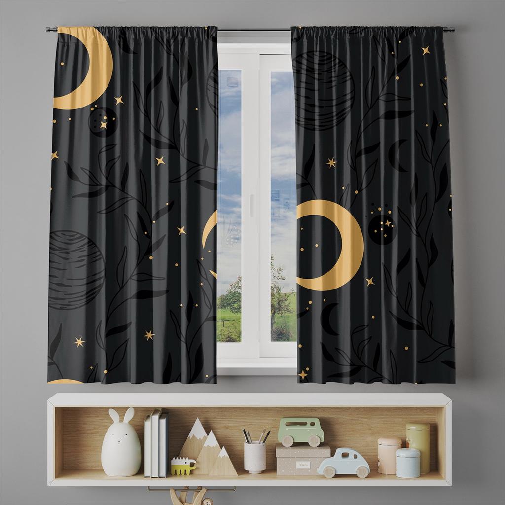 Starry Sky Moon Print Curtains Polyester Fabric Suitable Bedroom Living Room Kitchen Made Of Machine Washable Window Treatment