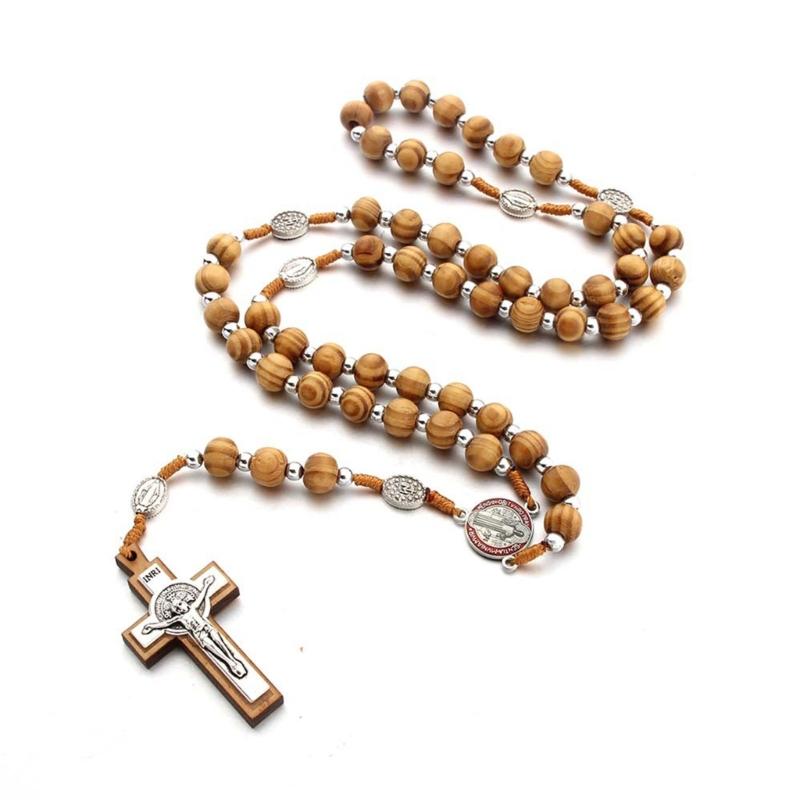 Handmade Wood Rosary Necklaces Men Women Necklaces Catholic Cross Pendant Meditation Jewelry Christian Religious Gift