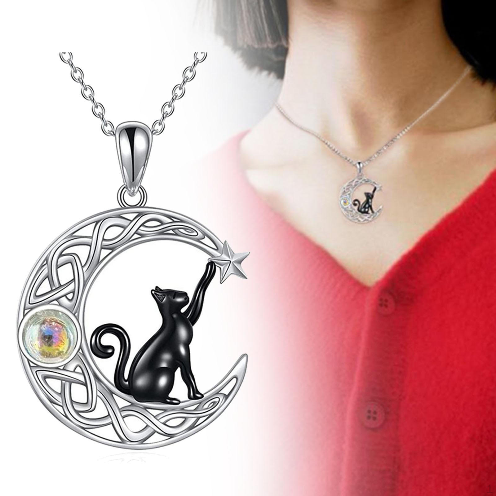 Black Cat and Crescent Moon Necklace for Valentines Day Anniversary Birthday