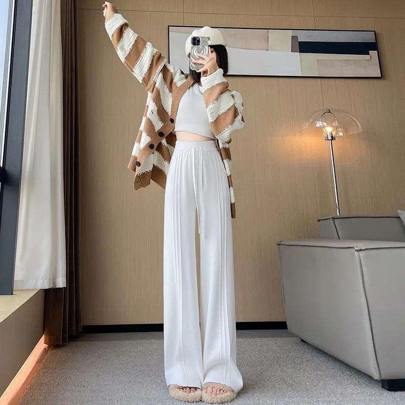 Autumn and Winter Women's Knitted Wide Leg Pants Comfort Thick Warm Women's Pants Elastic High Waist Black Pants