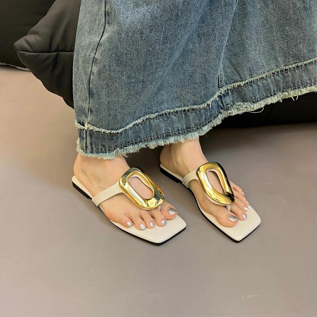 Mode 35-43storlek Stor Storlek Damskor Öppna Tofflor Dam Sommar Kläder Hundra Dubbel Tå Casual Platt Metallspänne Sandaler