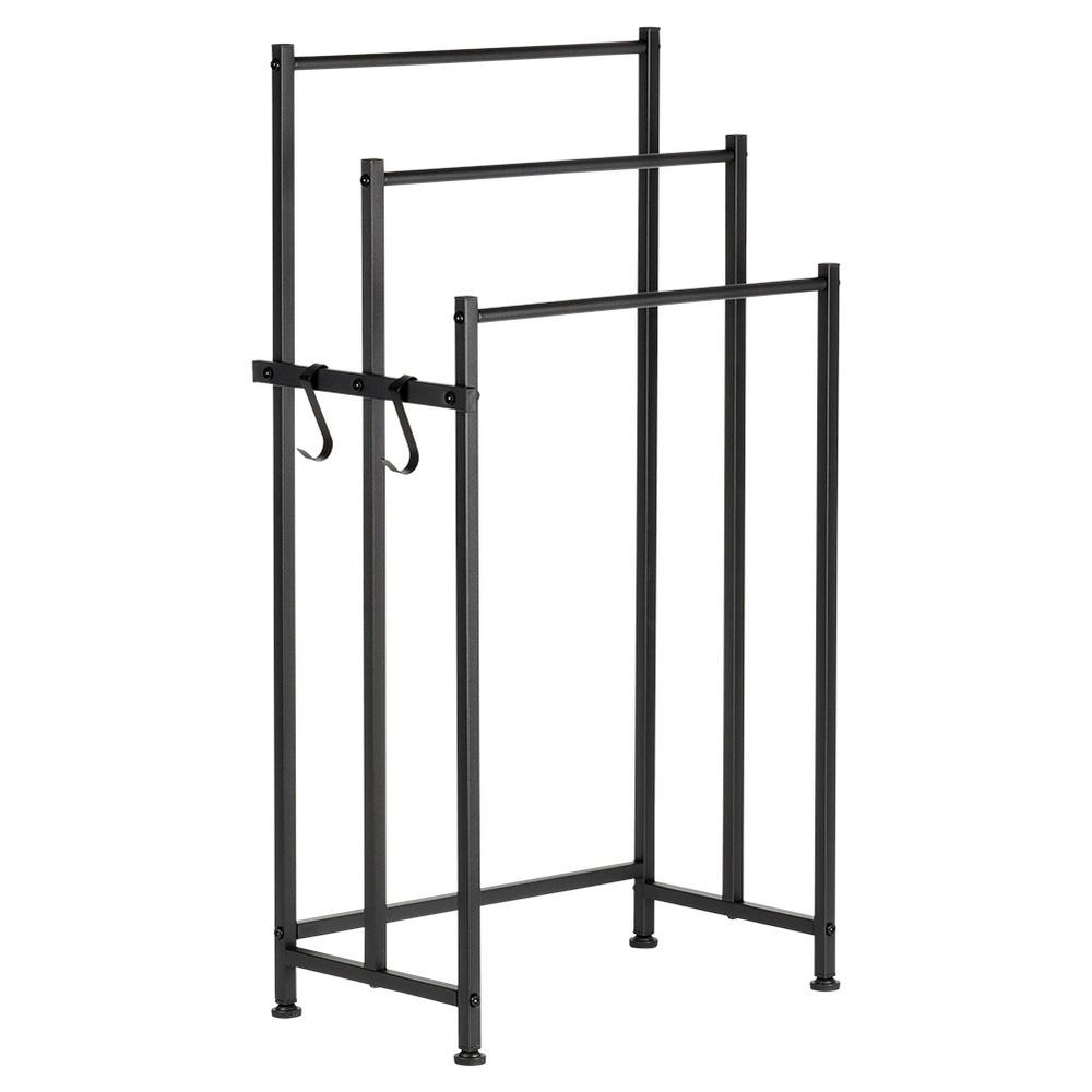 3-Tier Black Metal Standing Towel Rack with Hooks 84cm