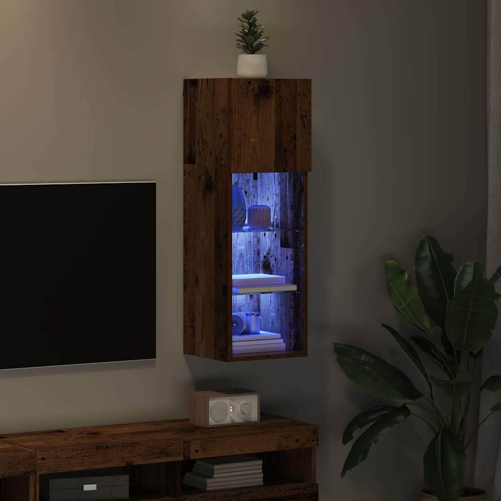 Wall Mounted TV Cabinet with LED Lights Reclaimed Wood Look 30.5 x 30 x 90 cm
