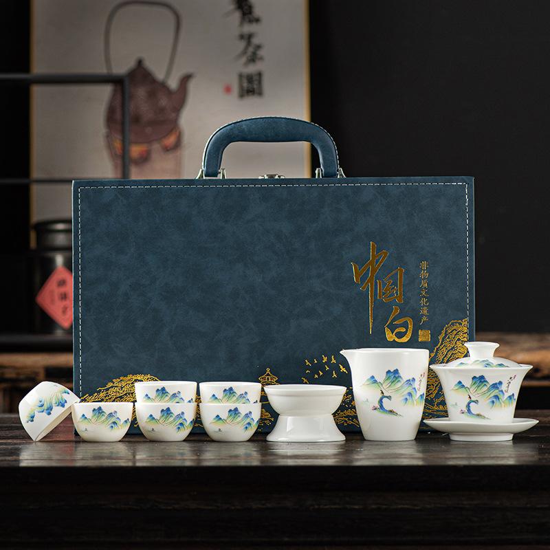 Chinese high-end Dehua suet jade white porcelain tea set Kung Fu teacup office guest cover bowl set