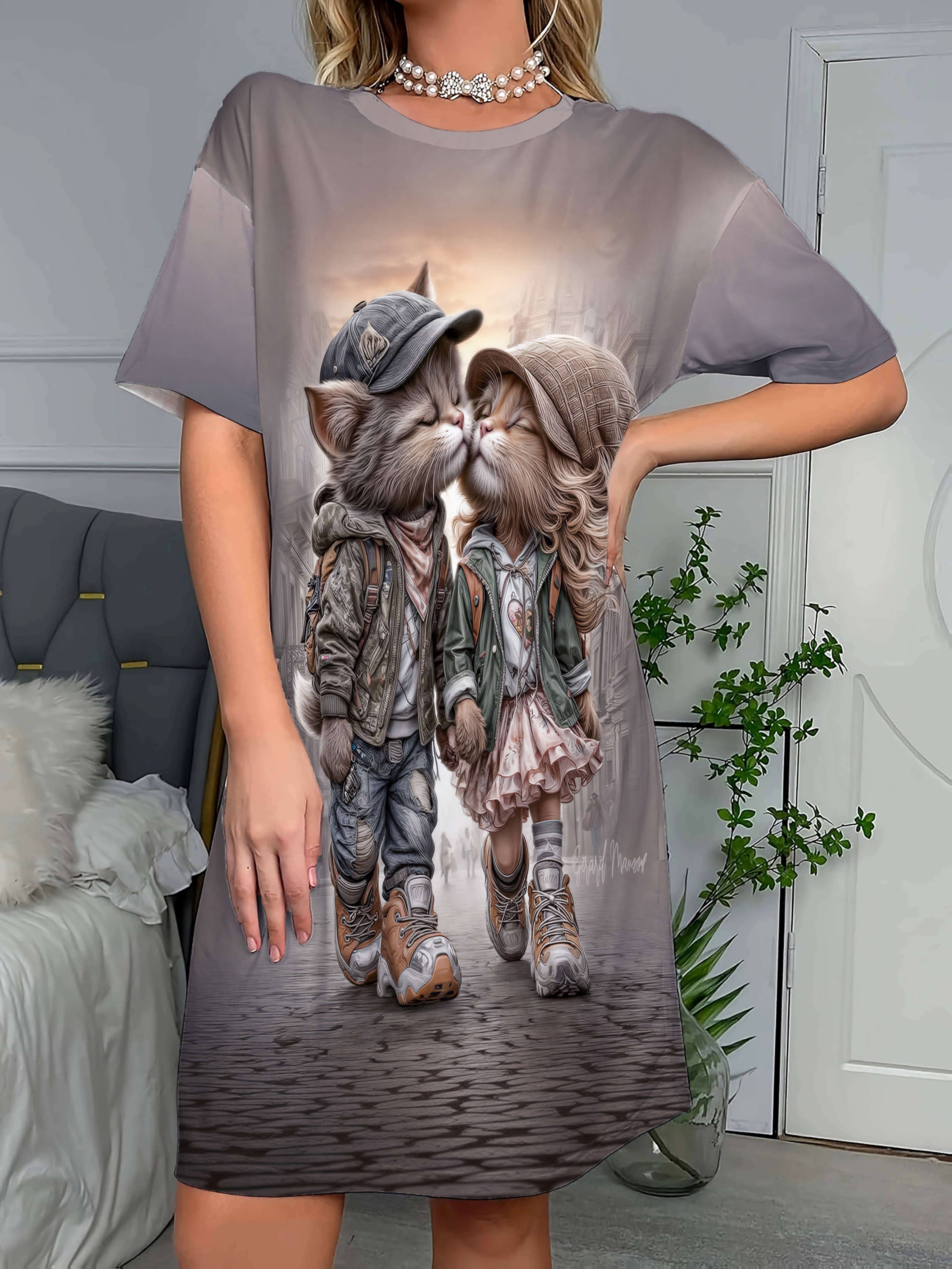 Casual Sleep Dress with a Cat Print Featuring a Lady And Her Anthropomorphic Partner 6XL