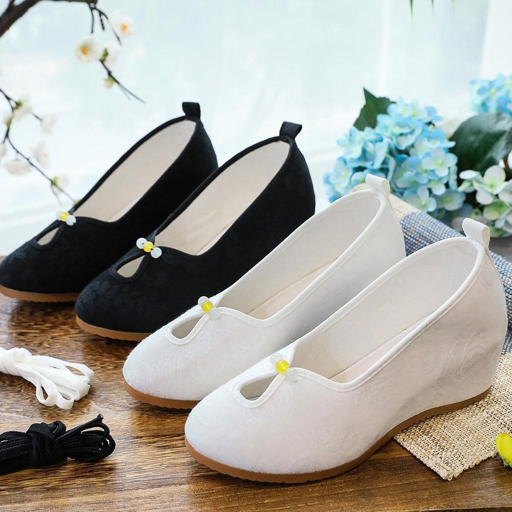 High heels, wedge heels, single shoes, Chinese national style cheongsam, Hanfu with horse dress, ancient clothing, solid color, plain cloth shoes, w