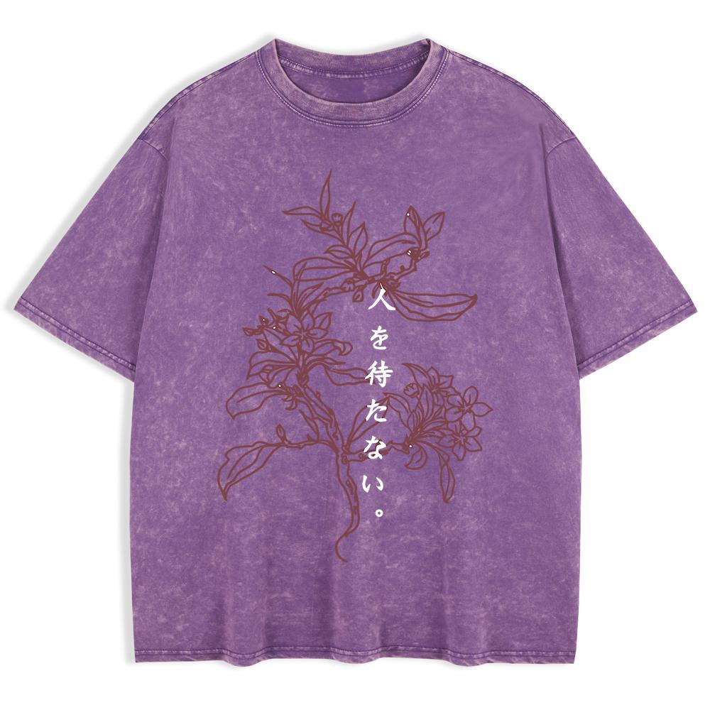 A Flower Blooming Alone Printed Washed T-Shirts Mens Cotton Short Sleeve Tops Basic O-Neck Oversized T Shirt Clothes