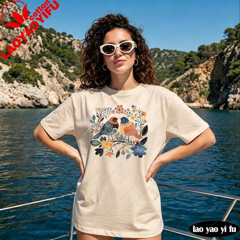 Retro Folk Art Birds And Flowers Graphic Tee Unisex Vintage Folk Print Botanical Floral Bird Cottagecore Casual Cotton Tshirt