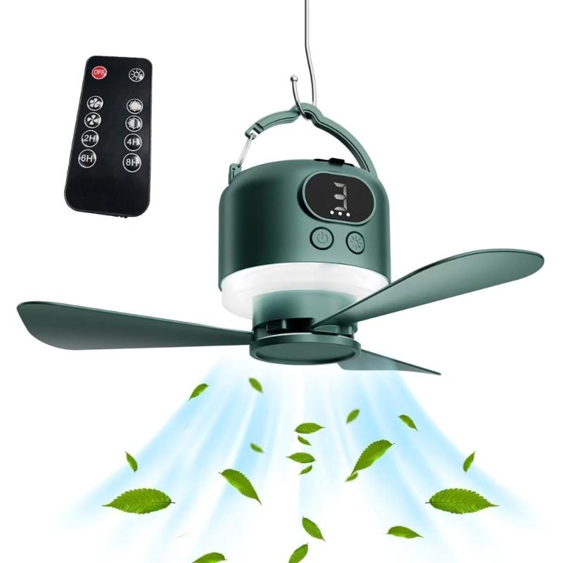 

Portable USB Charging Ceiling Fan with Light and Remote Controls Featuring Removable Bladee and 4 Speed for Indoor and Outdoor Activities зелений