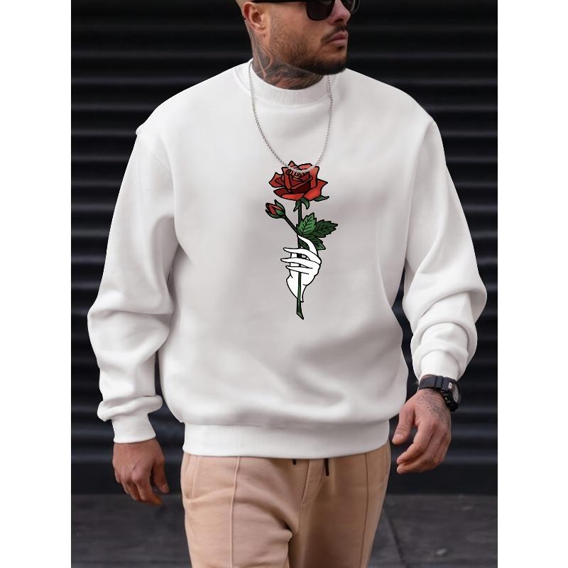 Rose Pattern Letters Print Men's Pullover Round Neck Long Sleeve Sweatshirt.
