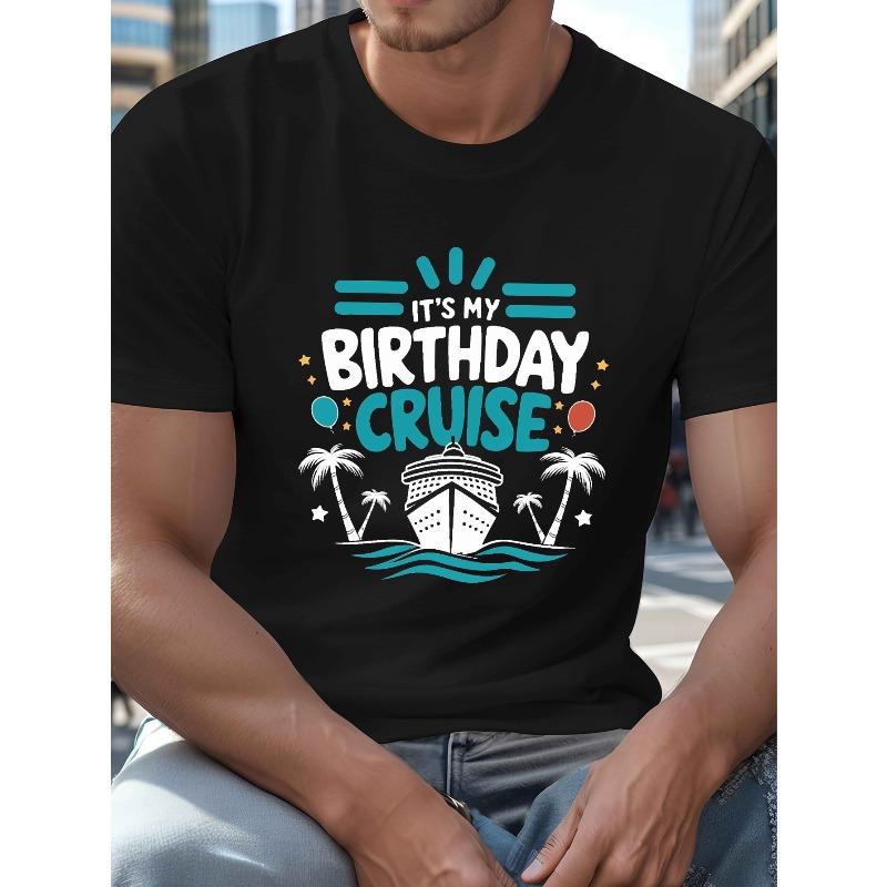 

Европейский размер 1 шт. Мужская повседневная футболка с круглым вырезом для высоких и крупных мужчин - Хлопчатобумажная трикотажная ткань с легкой эластичностью, с геометрическим рисунком Это мой день рождения, круиз S чёрный