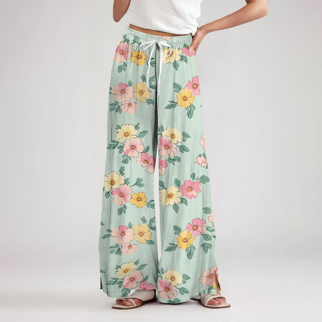 Wide Leg High Waist Floral Print Pants for Women with Drawstring Waistband and Relaxed Fit Lightweight Material for Casual Wear
